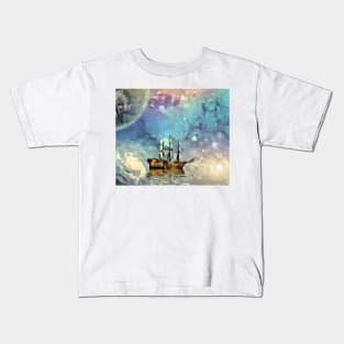 Sailing ship with full sails in fantastic space Kids T-Shirt